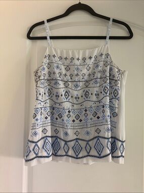 WHBM White & Blue Embroidered Spaghetti Strap Top
